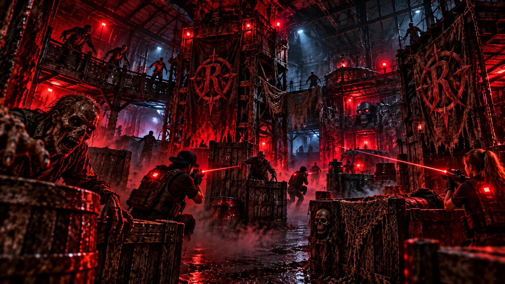 Illustration of a dramatic laser tag arena